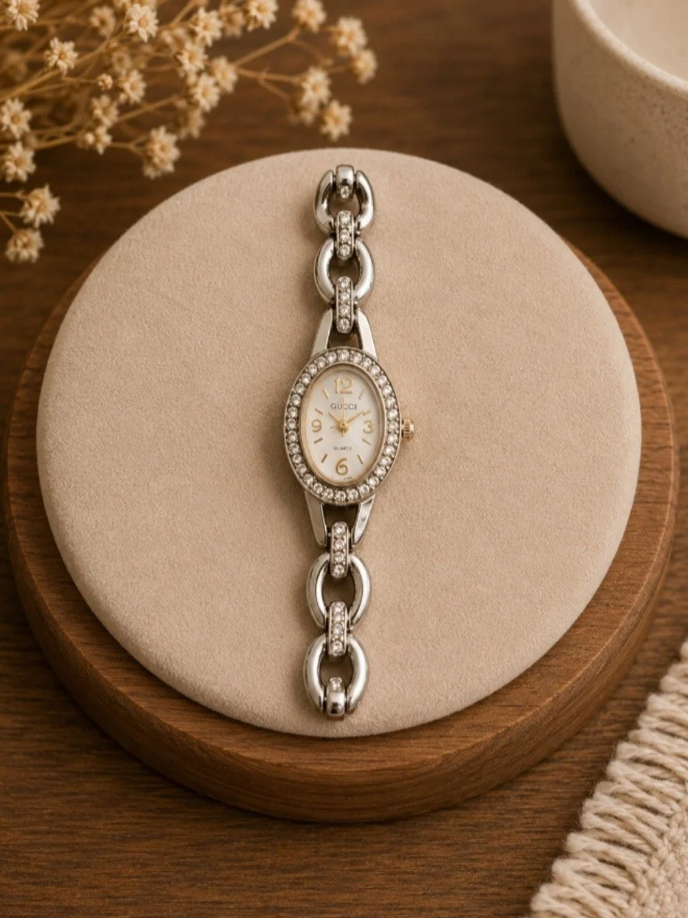 Silver Tone Rhinestone Oval Link Bracelet Watch